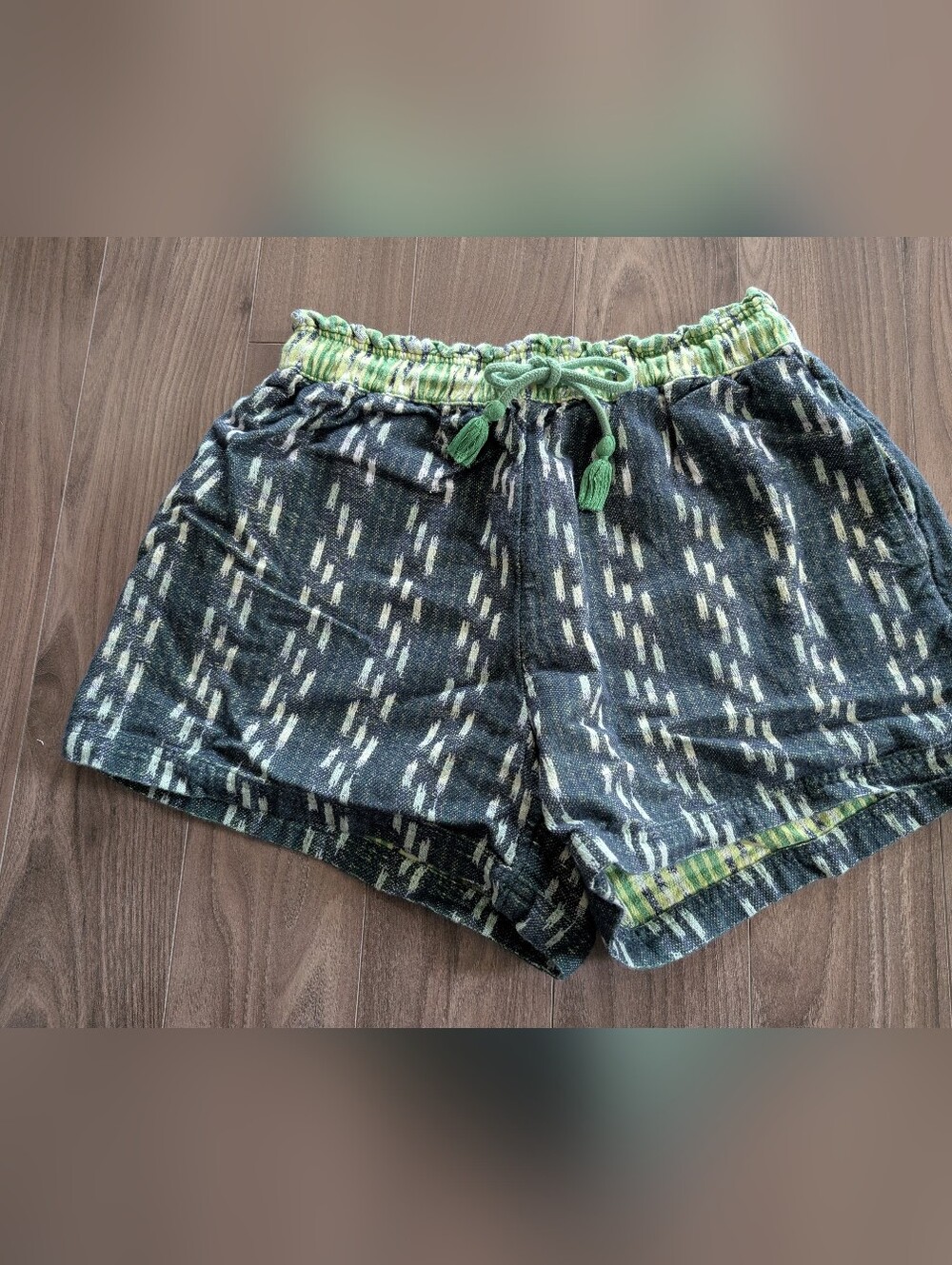 aerie Green Striped Tapestry Pattern Shorts With Elastic Waistband (Size Medium)